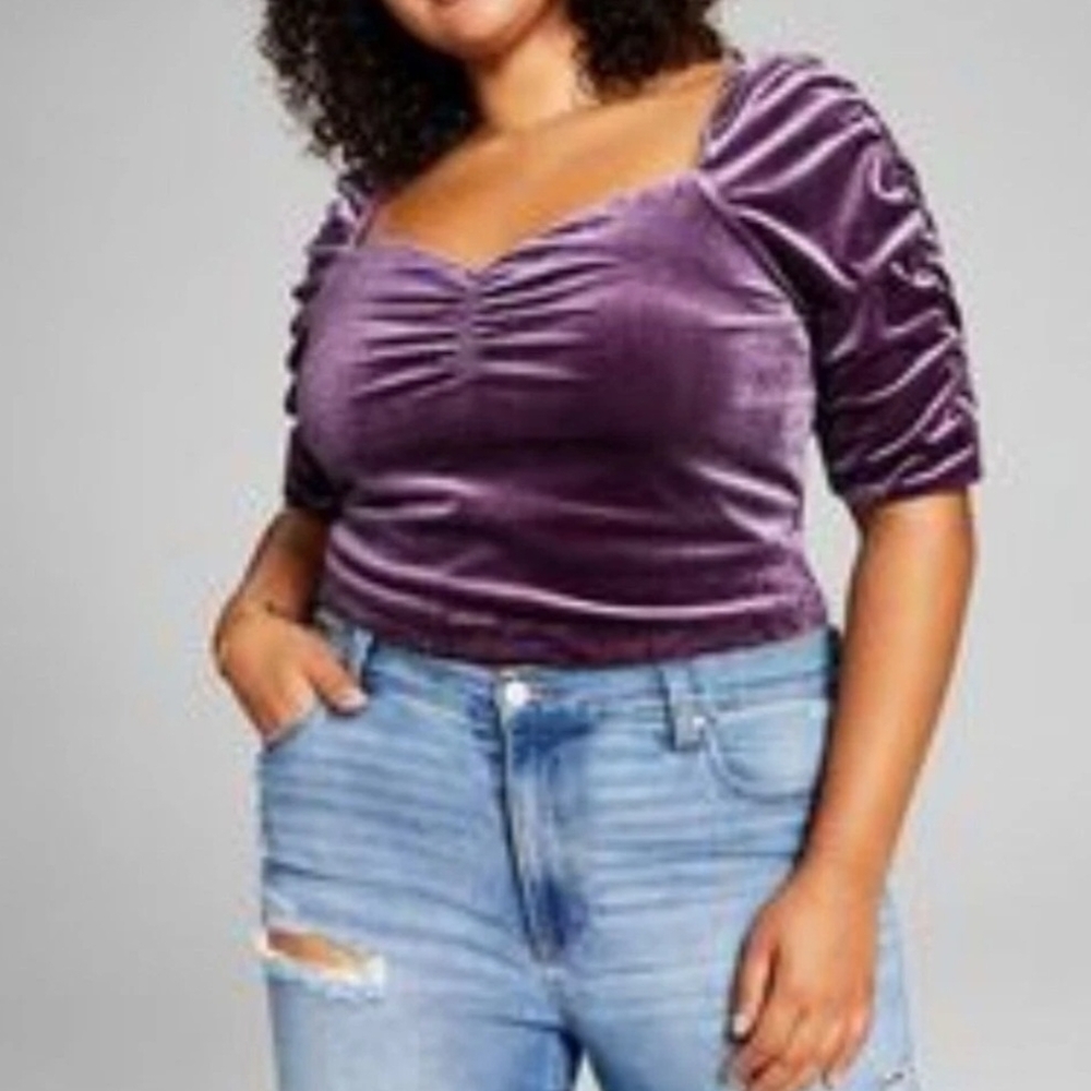 And Now This Chic Purple Crushed Velvet Ruched Fitted Blouse Plus Size 1X NWT